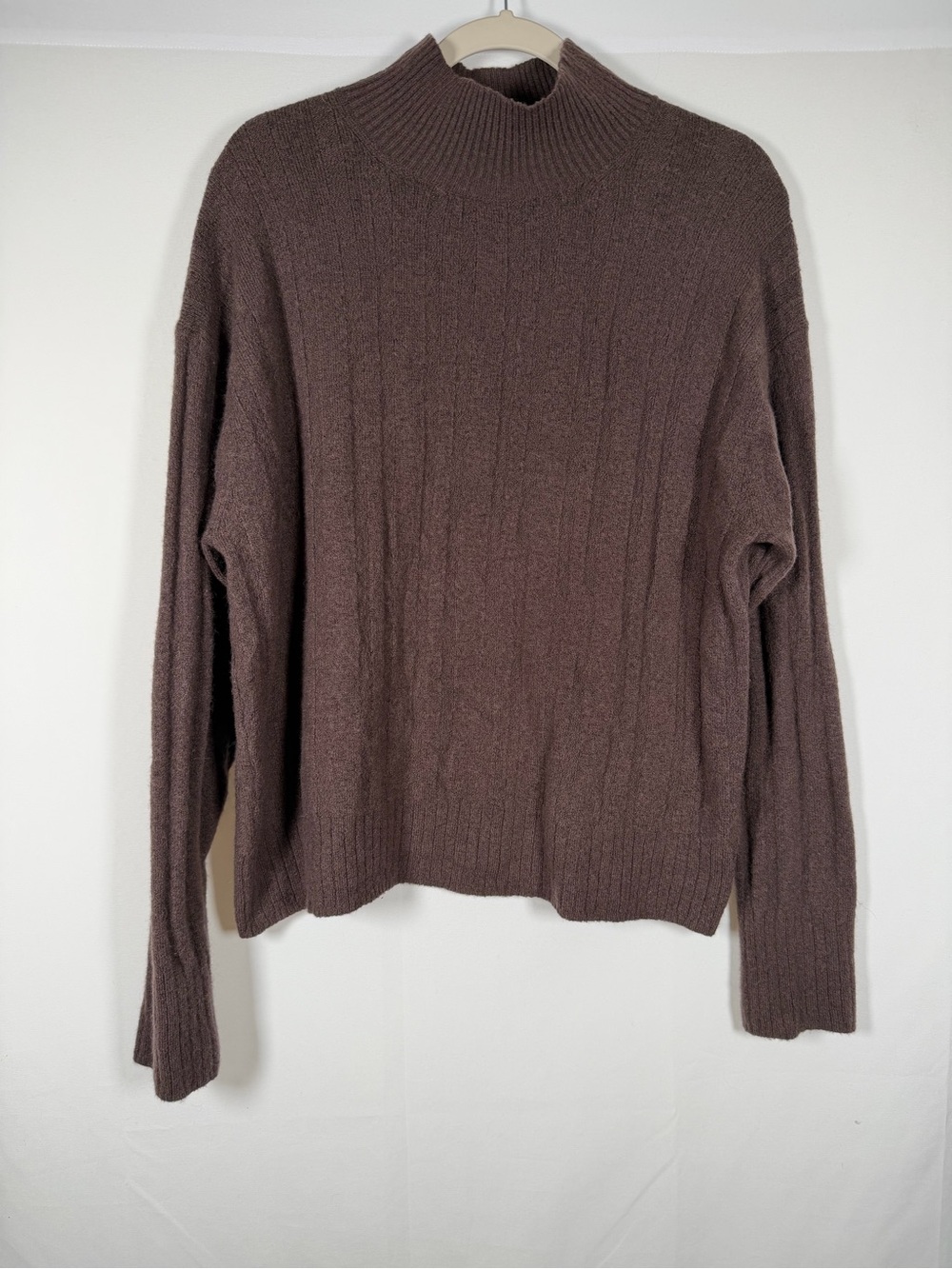 J. Crew Wool Blend Ribbed Mock Neck Sweater in Chocolate Brown Chunky, Cozy